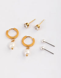 Gold Plated Stainless Steel Cubic Zirconia Pearl Drop Huggie Earrings Pack - link has visual effect only
