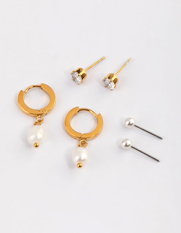 Gold Plated Stainless Steel Cubic Zirconia Pearl Drop Huggie Earrings Pack
