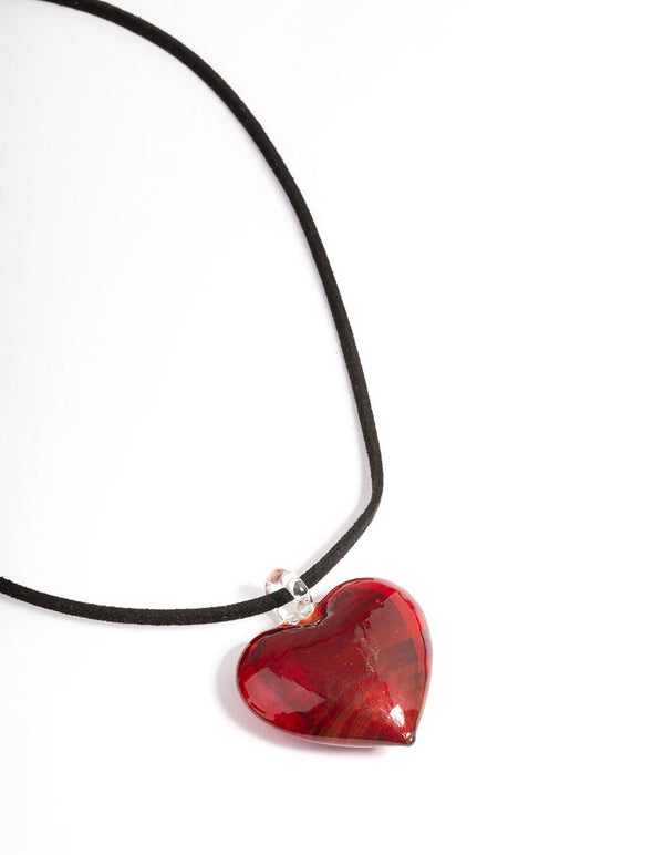 Large Red Puffy Heart Suede Cord Necklace