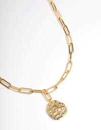 Gold Brass Coin Pendant Link Necklace - link has visual effect only