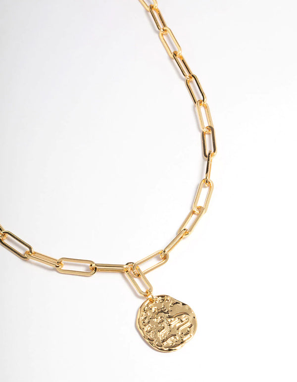 Gold Brass Coin Pendant Link Necklace