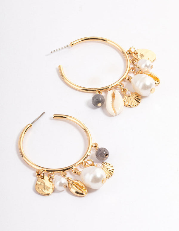 Gold Mixed Motif Pearl Hoop Earrings