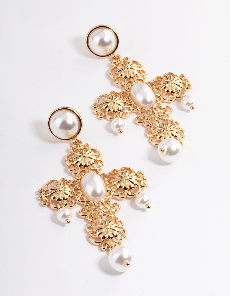 Gold Pearl Filigree Statement Cross Earrings