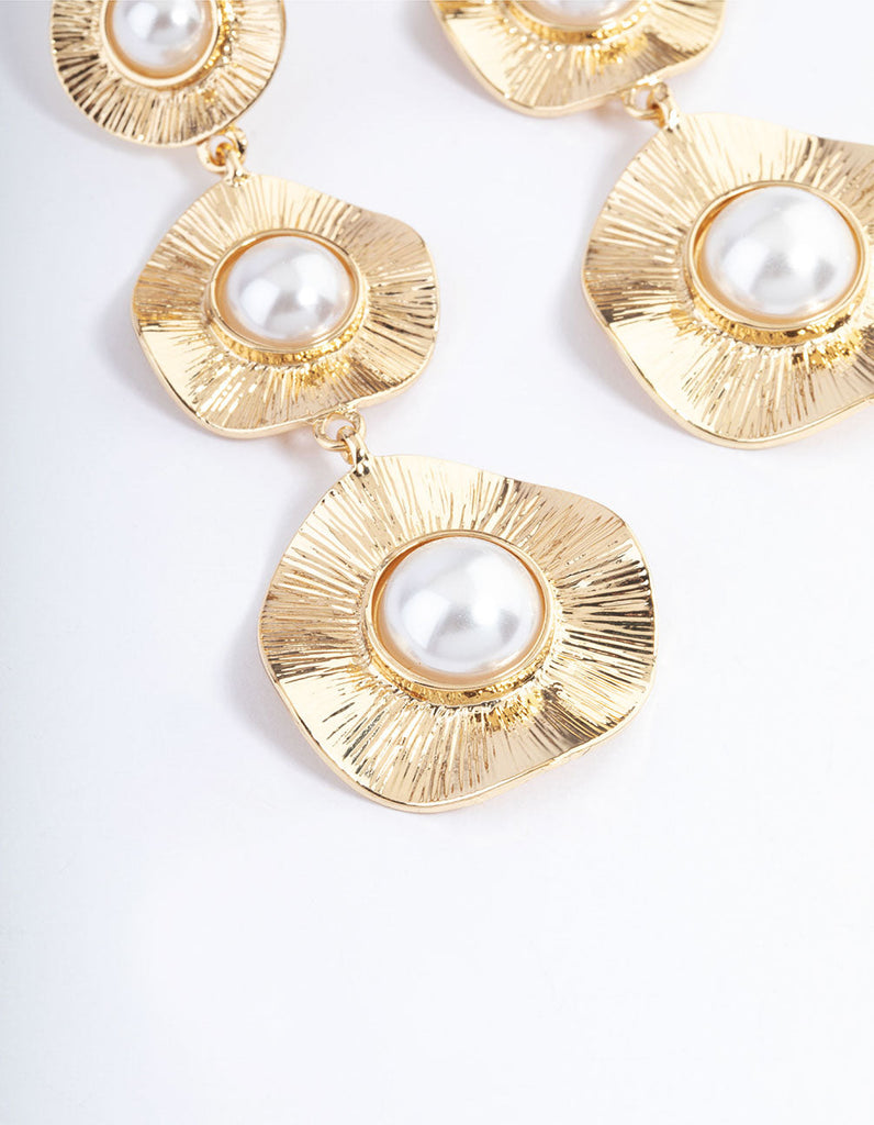 Gold Statement Pearl Textured Disc Earrings
