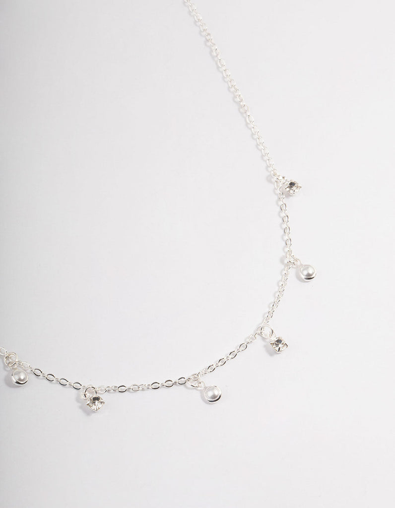 Silver Droplet Diamante & Pearl Necklace