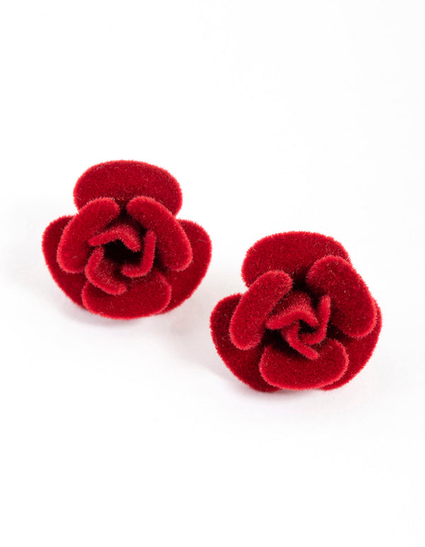 Red Fabric Velvet Rose Stud Earrings