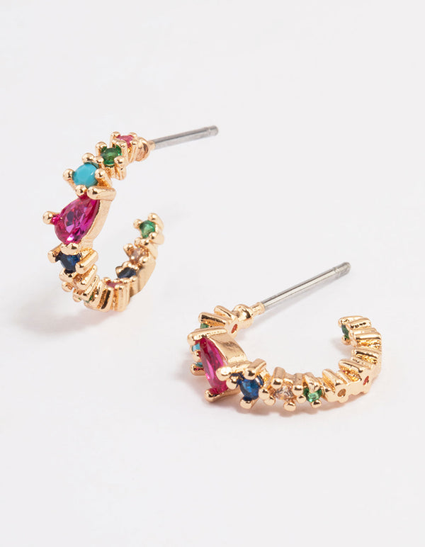 Gold Multi Rainbow Stone Hoop Earrings