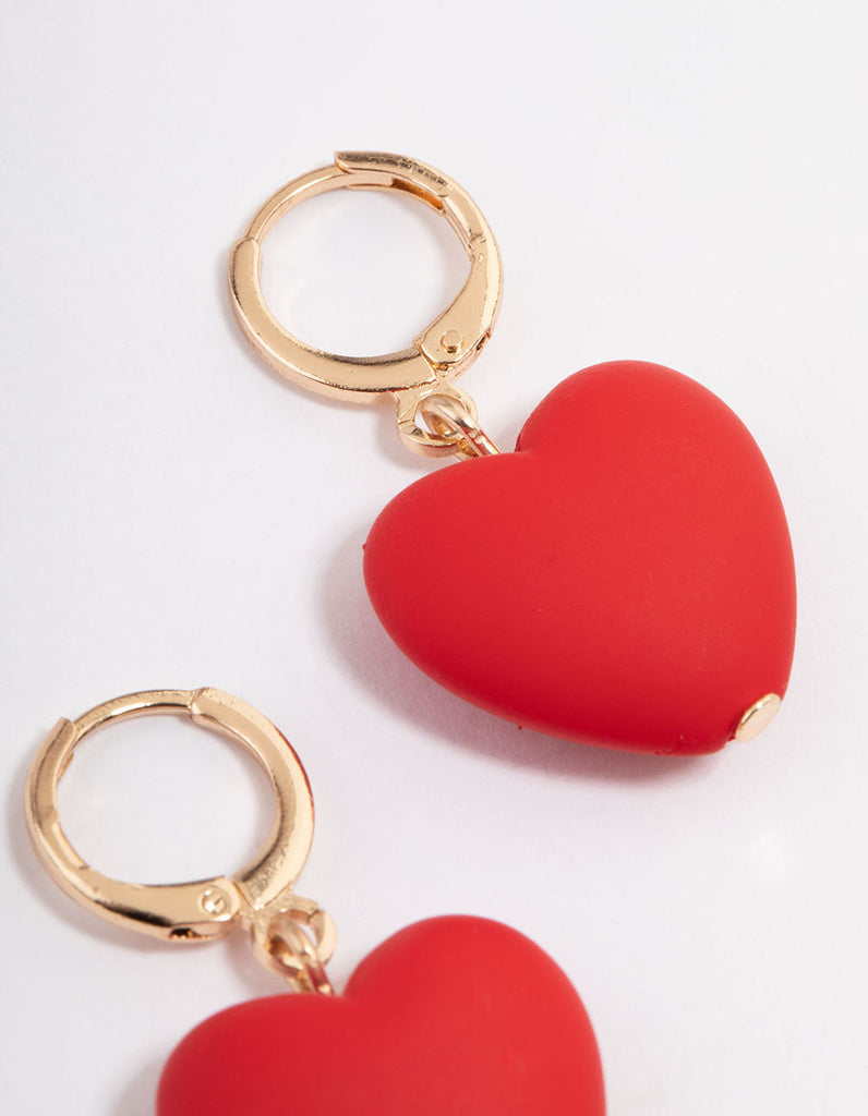 Gold Red Bubble Heart Huggie Earrings
