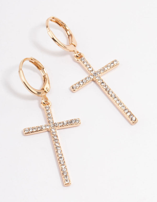 Gold Diamante Cross Huggie Earrings