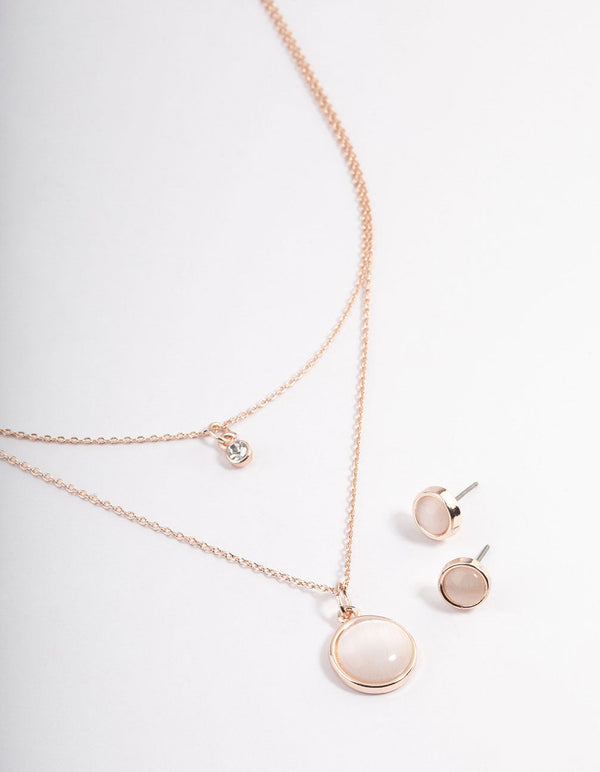 Rose Gold Layered Round Stone Necklace & Earrings Set