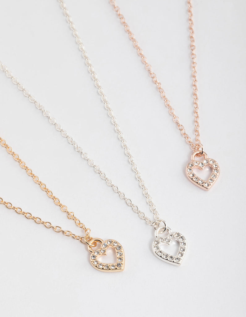 Mixed Metal Diamante Open Heart Necklace Pack