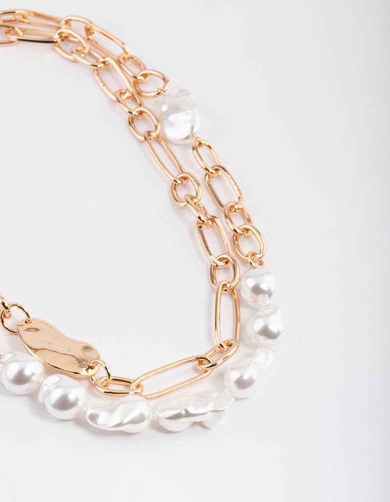Gold Double Row Chunky Chain Pearl Necklace