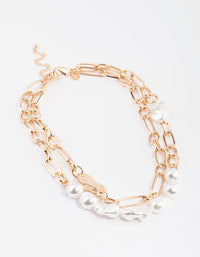 Gold Double Row Chunky Chain Pearl Necklace - link has visual effect only