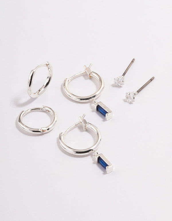 Silver Plated Cubic Zirconia Sapphire Cut Huggie Earrings 6-Pack