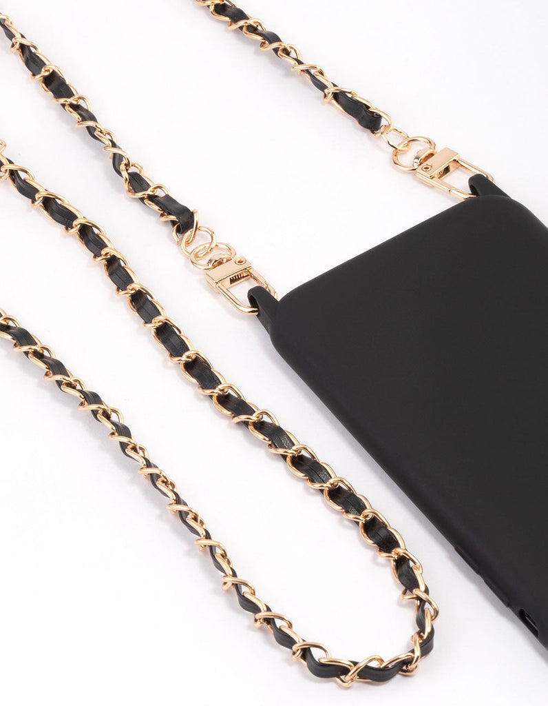 Black Faux Leather & Chain Crossbody Phone Strap