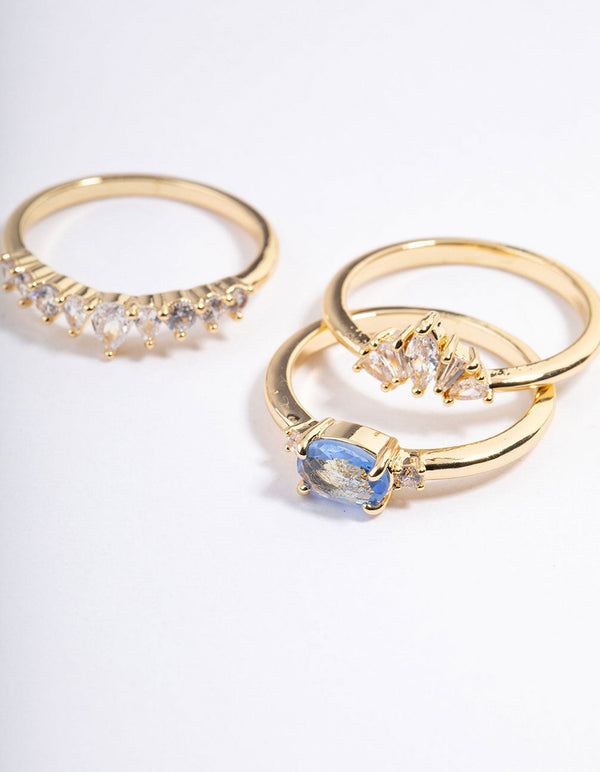 Gold Plated Blue Stone Fan Cubic Zirconia Ring
