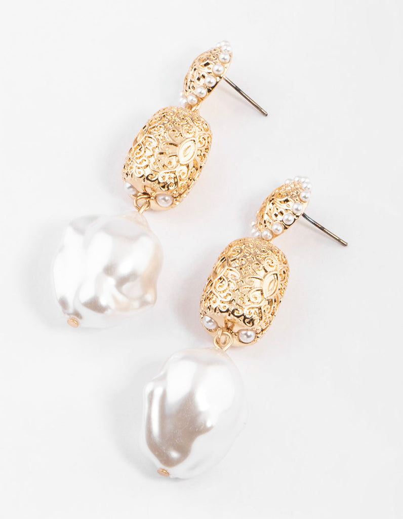 Gold Textured Pearl Drop Earrings