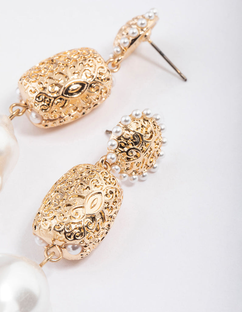 Gold Textured Pearl Drop Earrings