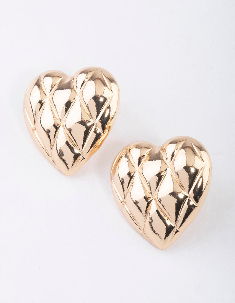 Gold Quilted Heart Stud Earrings