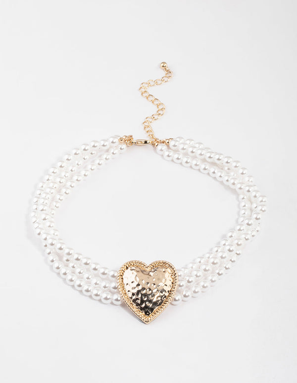 Gold Hammered Heart Pearl Choker