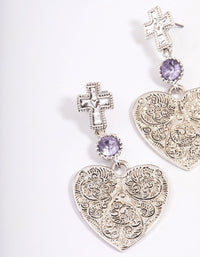 Antique Silver Textured Heart Cross Earrings - link has visual effect only