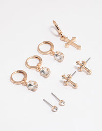 Gold Cross Diamante Huggie Earrings 4-Pack - link has visual effect only