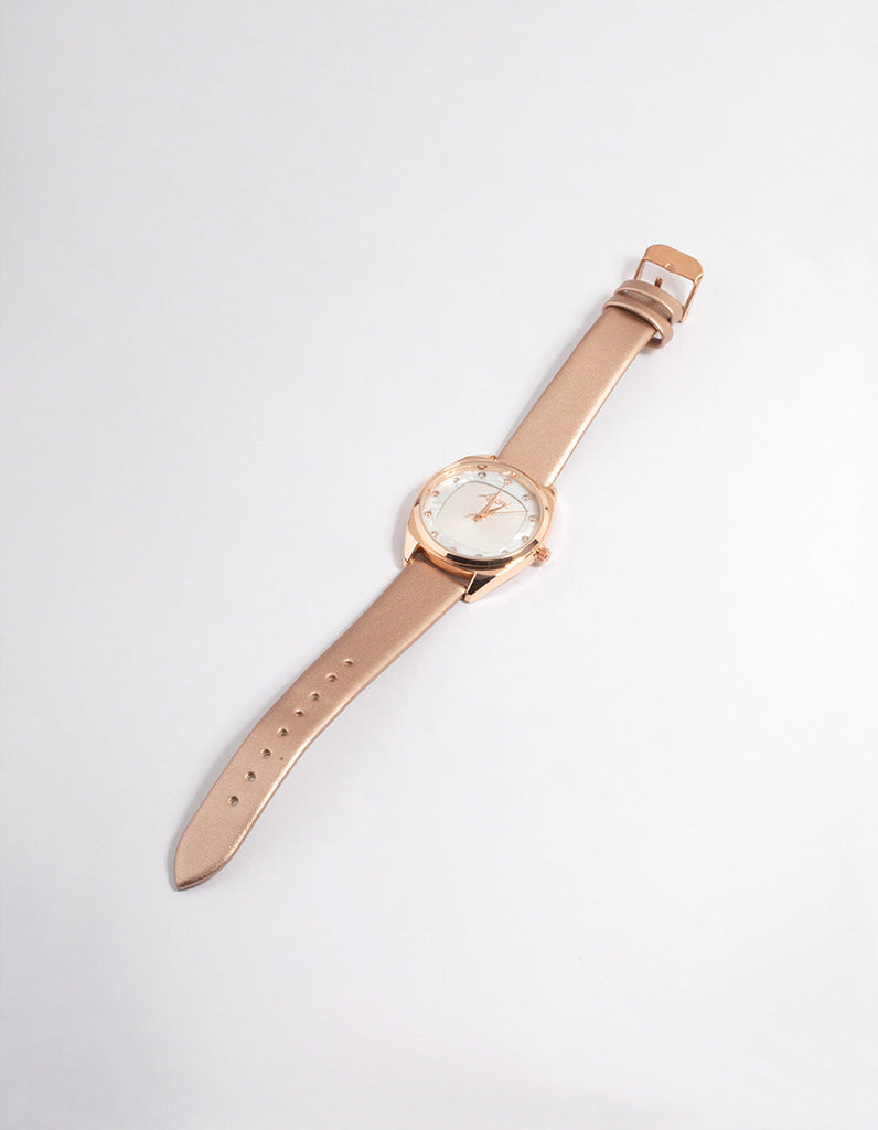 Rose Gold Coloured Square Face Textured Faux Leather Watch