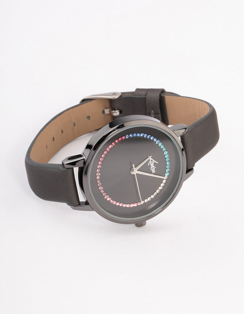 Coated Black Rainbow Crystal Faux Leather Watch