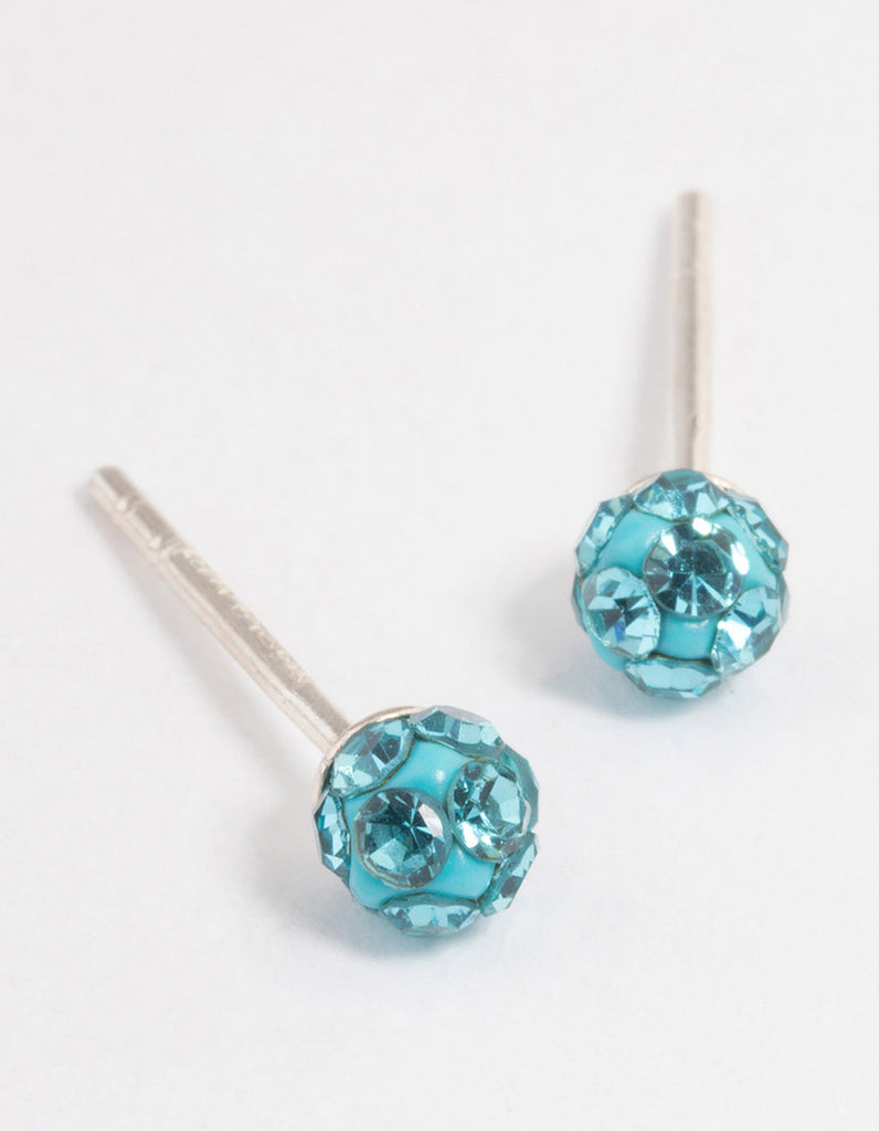 Sterling Silver Blue Pave Ball Stud Earrings