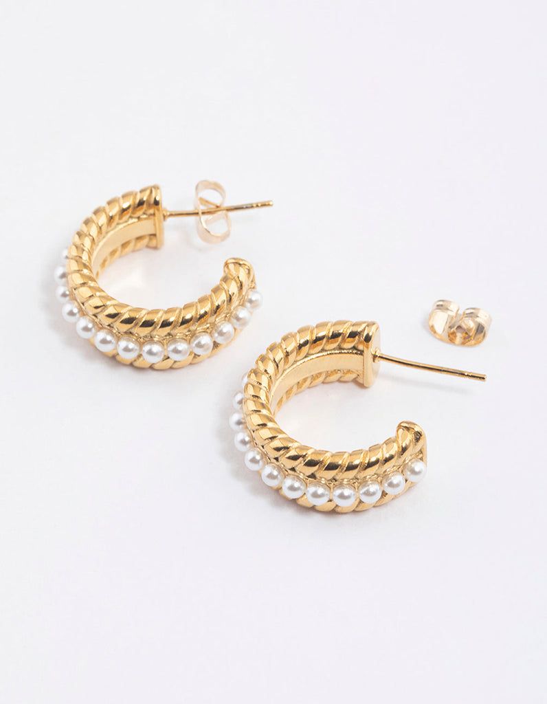 Gold Plated Stainless Steel Small Pearl Detailed Hoop Earrings