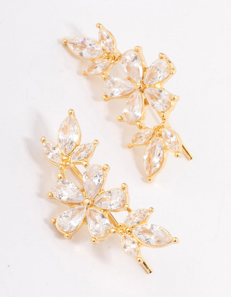 Gold Plated Cubic Zirconia Flower Clawler Stud Earrings