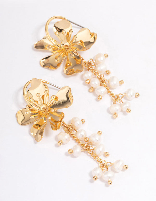 Gold Plated Large Flower Freshwater Pearls Cluster Earrings