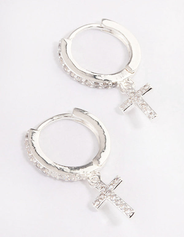 Silver Plated Cubic Zirconia Cross Drop Huggie Earrings