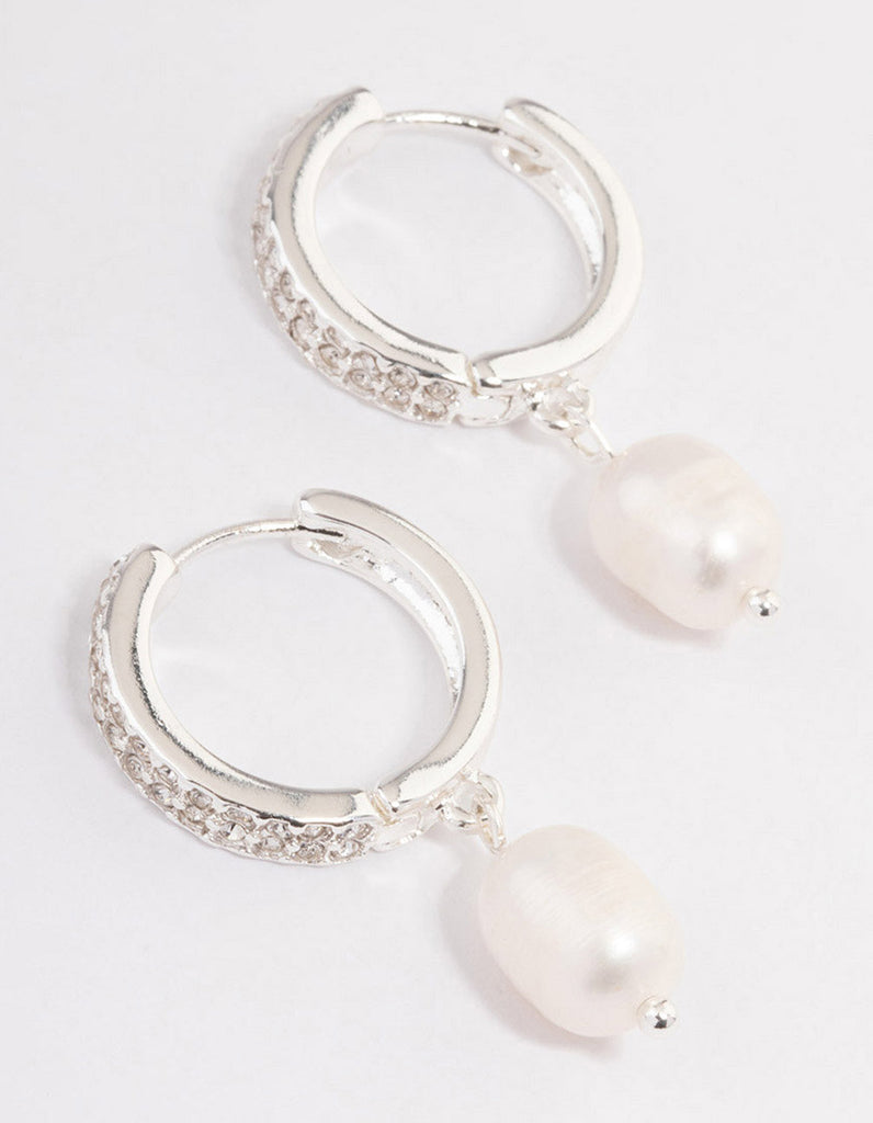 Silver Plated Freshwater Pearl Drop Cubic Zirconia Huggie Earrings