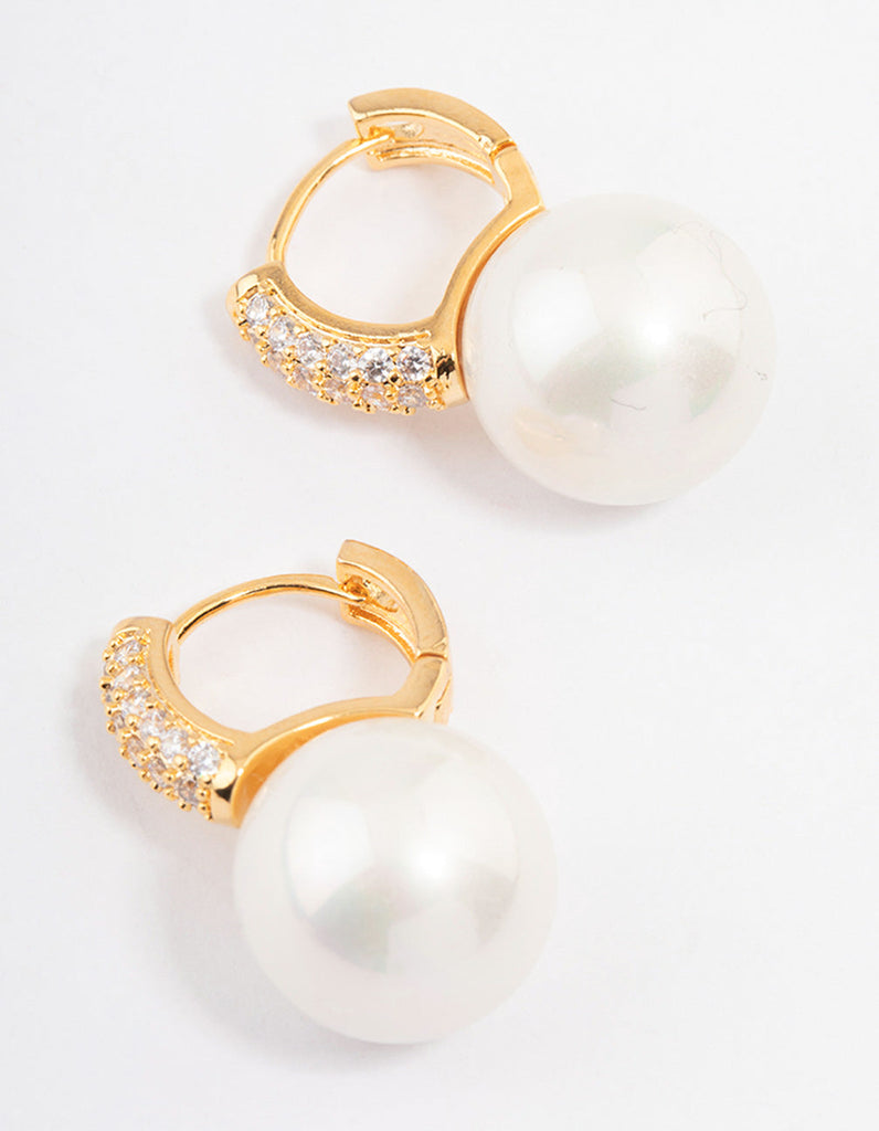 Gold Plated Large Pearl Drop Cubic Zirconia Huggie Earrings