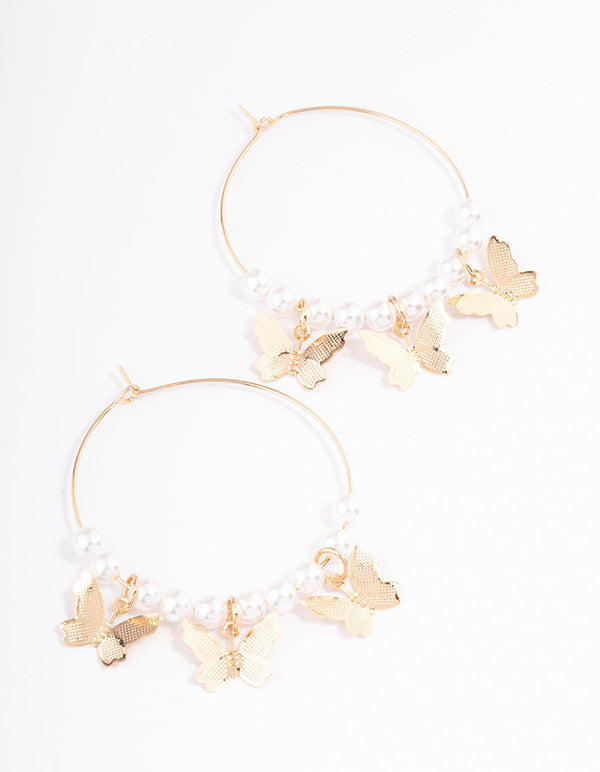 Gold Pearl & Butterfly Wire Hoop Earrings