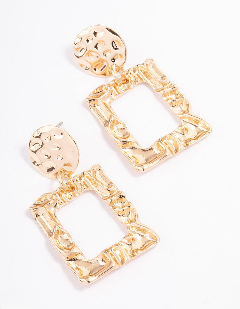 Gold Textured Round & Square Drop Earrings