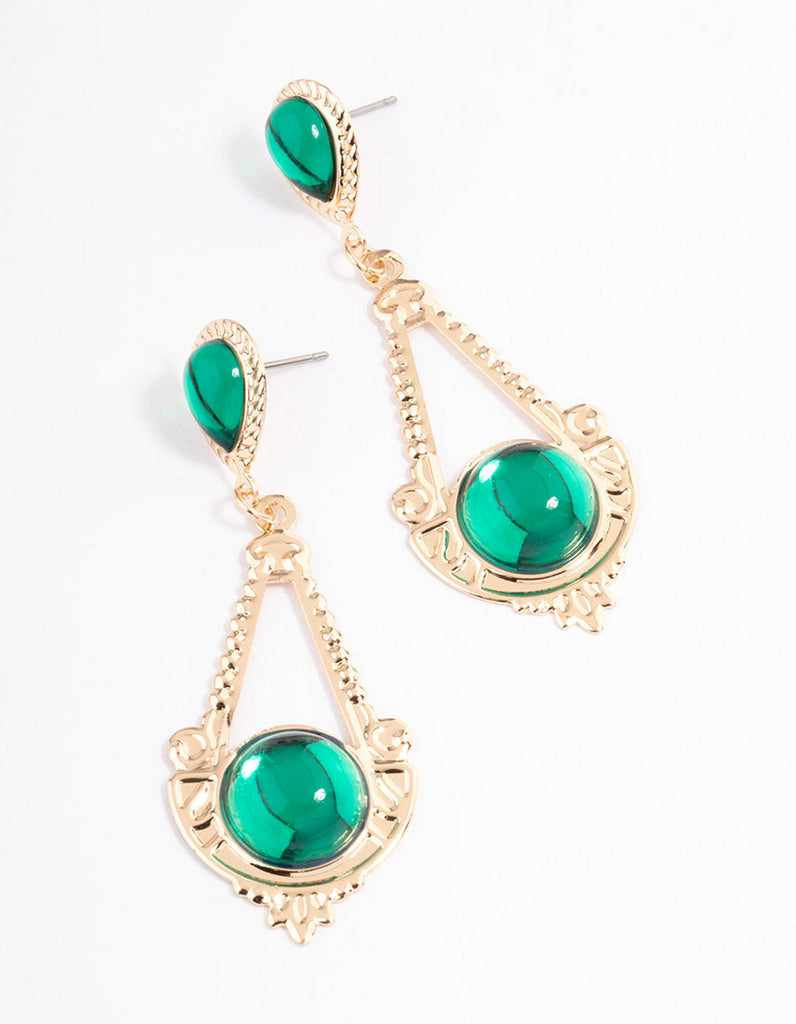 Green Mixed Stone Ornate Drop Earrings
