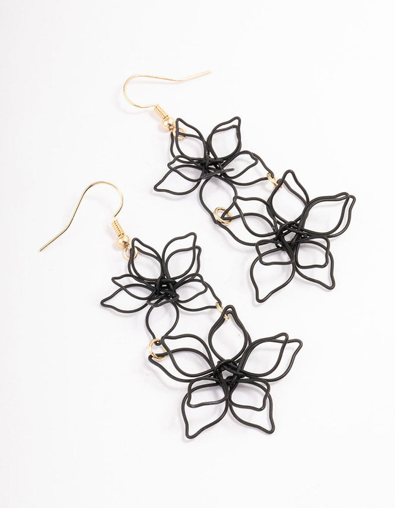 Black Double Wire Flower Drop Earrings