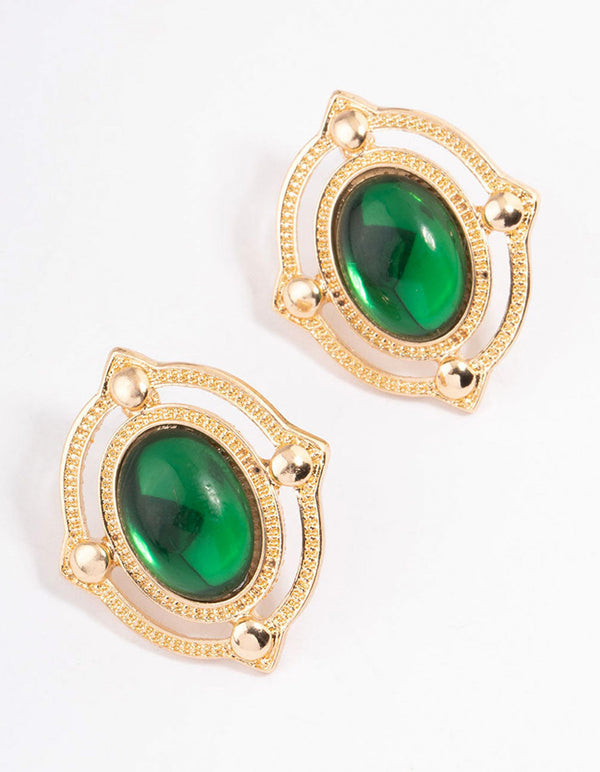 Green Ornate Stud Earrings
