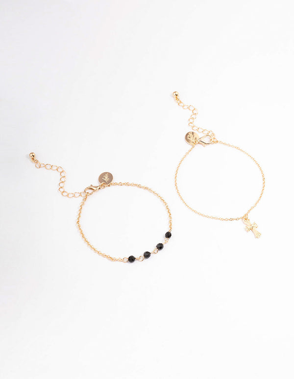 Gold Round Beaded & Cross Anklet Pack