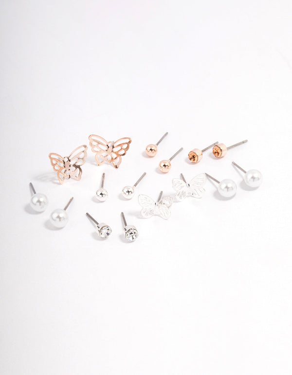 Rose Gold Basic Stud & Butterfly Earrings 8-Pack