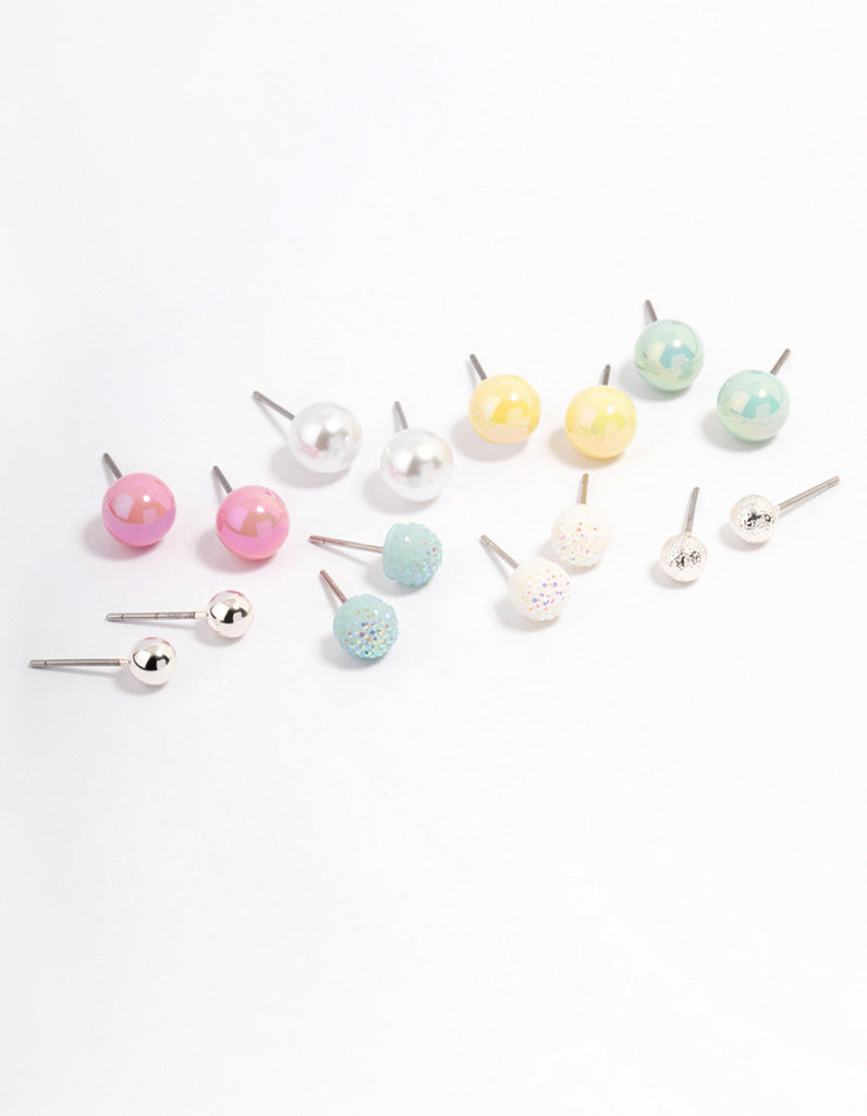 Silver Mixed Ball Stud Earrings 8-Pack