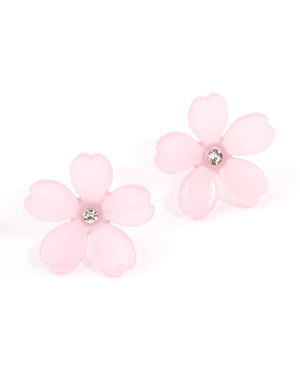 Pink Large Flower Diamante Stud Earrings