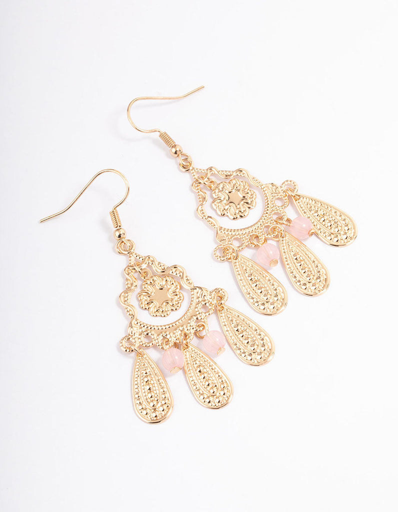 Pink Ornate Beaded & Teardrop Earrings