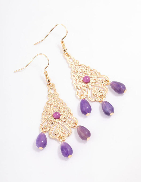 Purple Long Ornate Beaded Drop Earrings