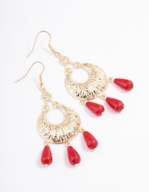 Gold Red Beaded Drop Chandbali Earrings