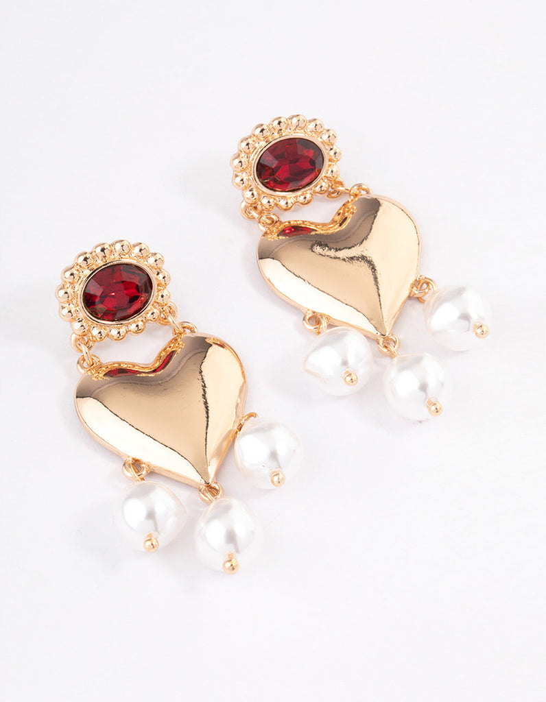 Gold Stone Heart Pearl Drop Earrings