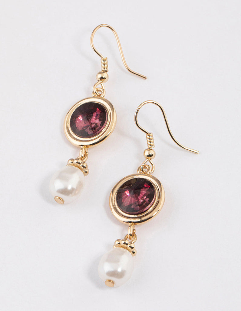 Gold Round Stone Pearly Drop Earrings