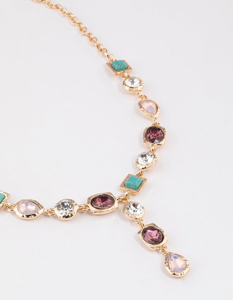 Gold Small Jewel Y-Neck Pendant Necklace